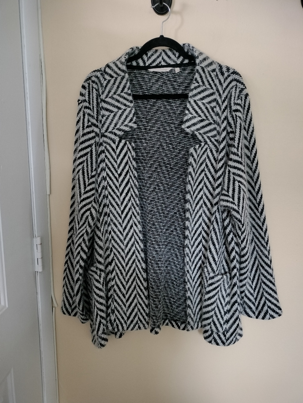 Soft Surroundings Fuzzy Black White Chevron Sweater Cardigan XL Office Oversized